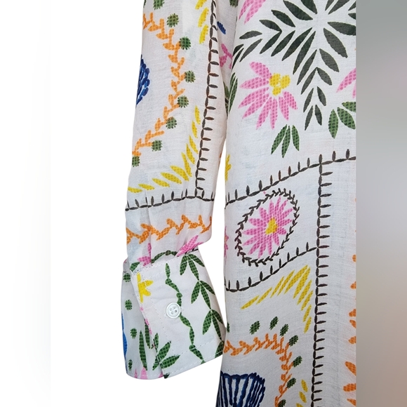 ​Violet Sky Tropical Boho Embroidered Print Button Down Tunic Shirt, Medium - Picture 3 of 7